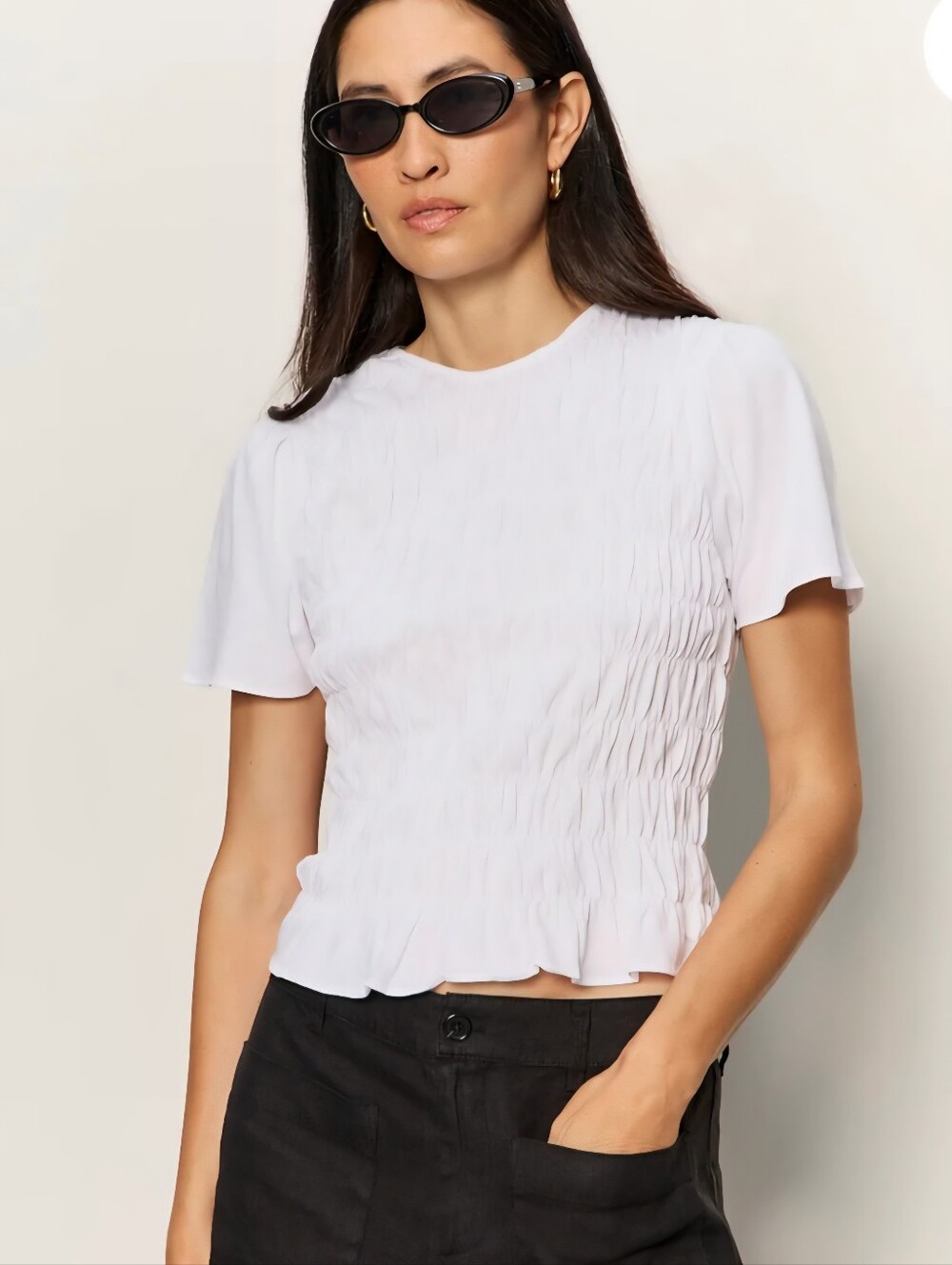 Sanctuary "Better Together" White Smocked Ruffle-Hem Short Sleeve Blouse